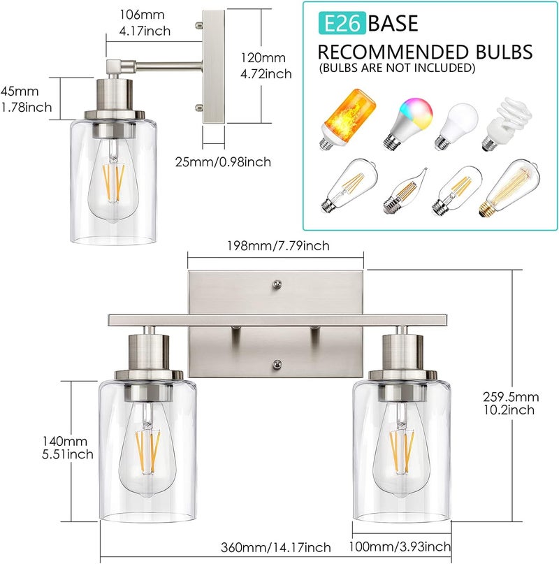 SHINETECH 2-Light Bathroom Light Fixtures, Modern Vanity Lights with Clear Glass Shade, Brushed Nickel Bathroom Vanity Light Over Mirror, Living Room - Image 2